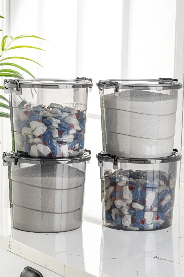 Mega Boy 4'lü Yuvarlak Un Bakliyat Kabı 7 Litre - Kulplu Deterjanlık Saklama Kutusu Kabı Antrasit